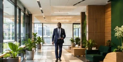 Un consultant traverse le hall lumineux d'un bureau moderne aux accents végétaux.