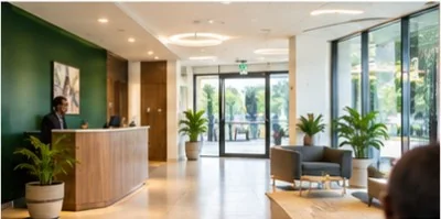 Hall d'accueil moderne avec banque d'accueil en bois, plantes vertes et lumière naturelle.